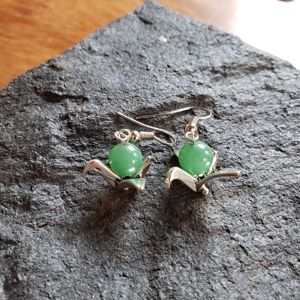 Handmade Japanese Origami Crane Aventurine Gemstone Earrings